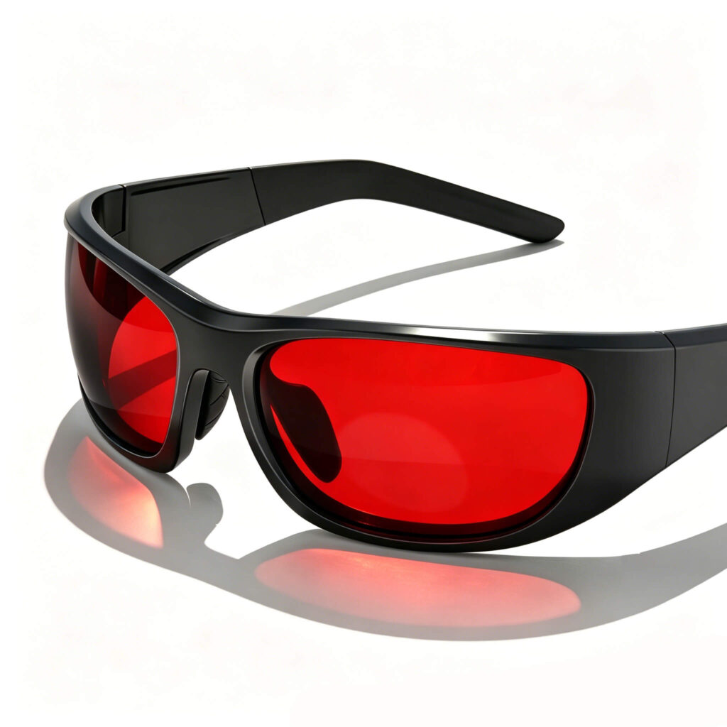 Gloojo Night Ease Sleep Glasses with red tinted lenses and a wrap-around sports-style black frame
