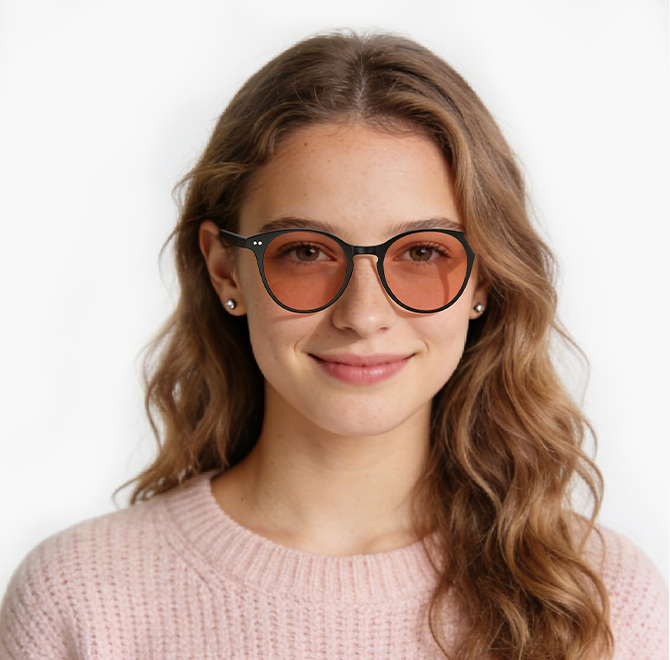 Gloojo-Rose-Relief-Pink-Lenses-Model-Front-View-with-Round-Classic-Frame