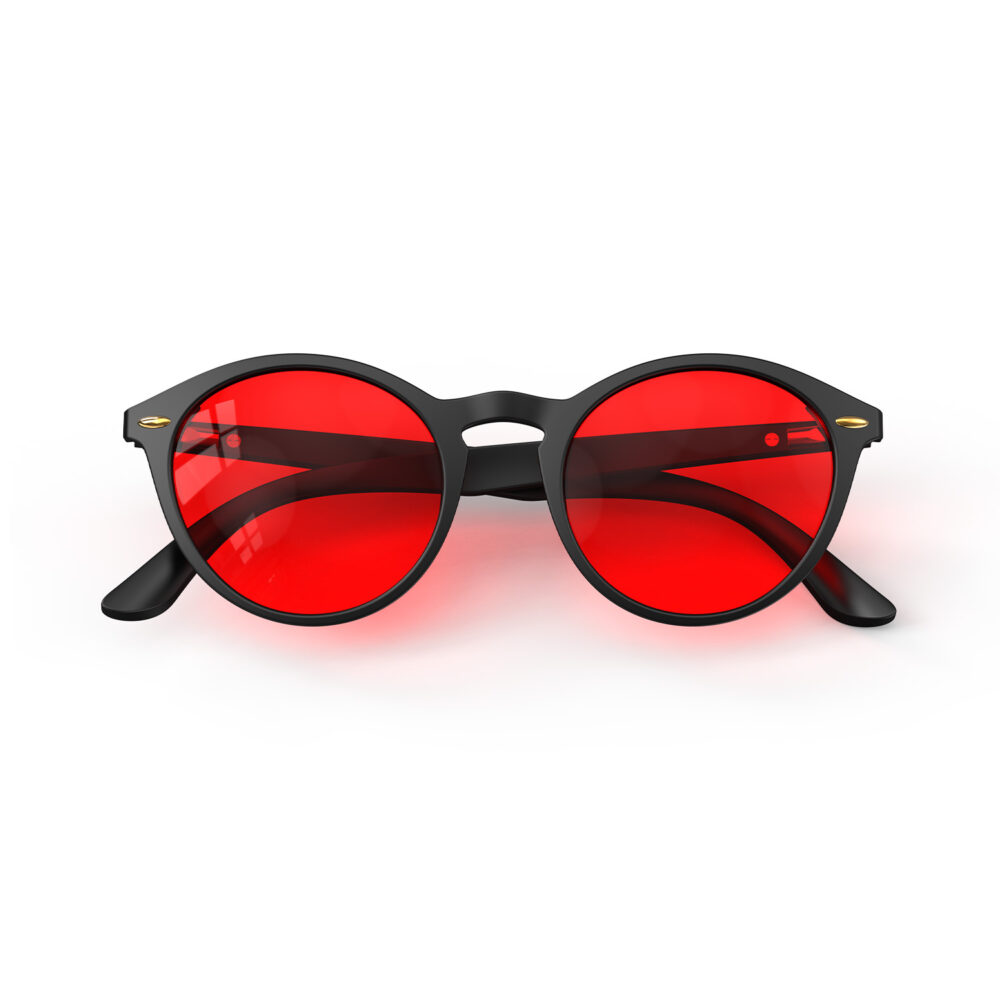A Folded front view of Gloojo Night Ease™ Round Red Sleep Glasses - Black A Folded front view of Gloojo Night Ease™ Round Red Sleep Glasses - Black