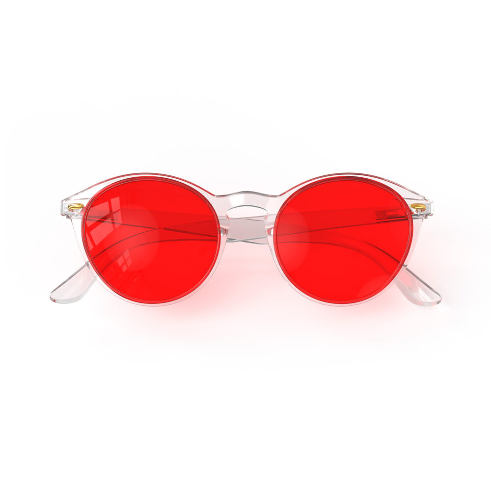 A Folded front view of Gloojo Night Ease™ Round Red Sleep Glasses - Clear