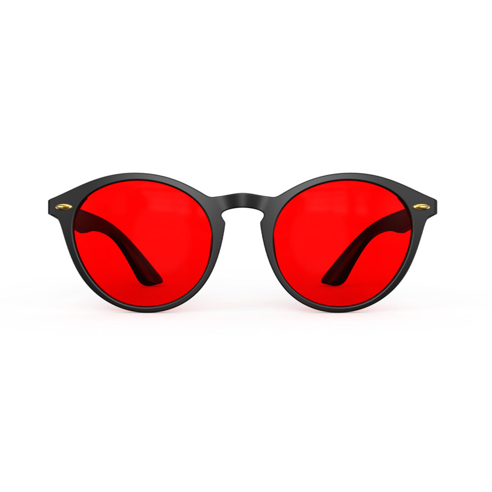 A Front view of Gloojo Night Ease™ Round Red Sleep Glasses - Black A Front view of Gloojo Night Ease™ Round Red Sleep Glasses - Black