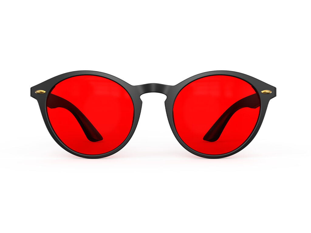 A Front view of Gloojo Night Ease™ Round Red Sleep Glasses - Black