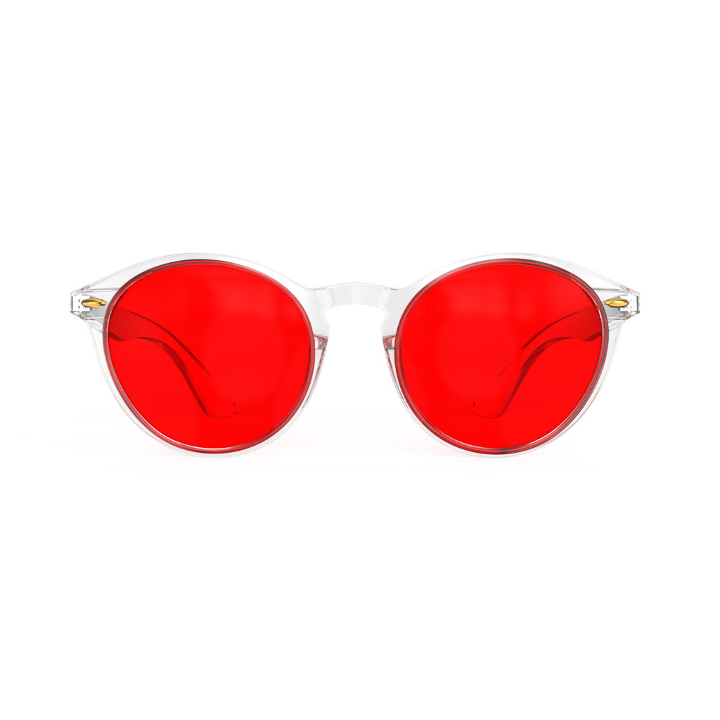 A Front view of Gloojo Night Ease™ Round Red Sleep Glasses - Clear