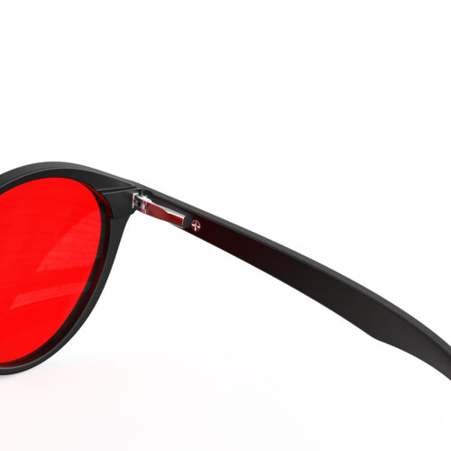 A Hinge closeup of Gloojo Night Ease™ Round Red Sleep Glasses - Black A Hinge closeup of Gloojo Night Ease™ Round Red Sleep Glasses - Black