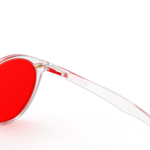 A Hinge closeup of Gloojo Night Ease™ Round Red Sleep Glasses - Clear