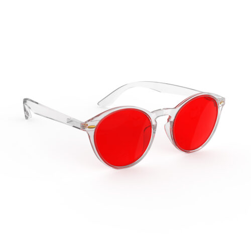 A Right side view of Gloojo Night Ease™ Round Red Sleep Glasses - Clear