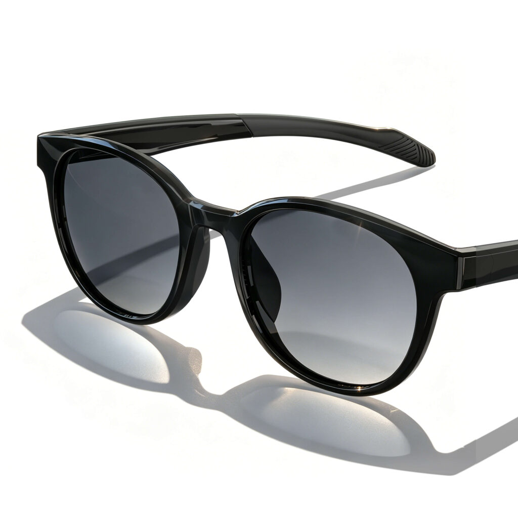 Gloojo Gray Relief Migraine Glasses with protective grey lenses and a round black performance-style frame