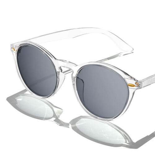 Gloojo Migraine Relief Glasses with grey lenses and a round crystal transparent frame