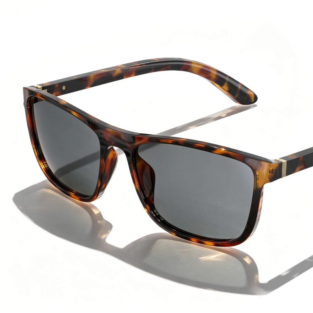 Gloojo Migraine Relief Glasses with grey tinted lenses and a premium tortoise shell square frame