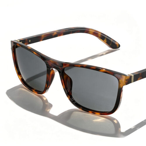 Gloojo Migraine Relief Glasses with grey tinted lenses and a premium tortoise shell square frame