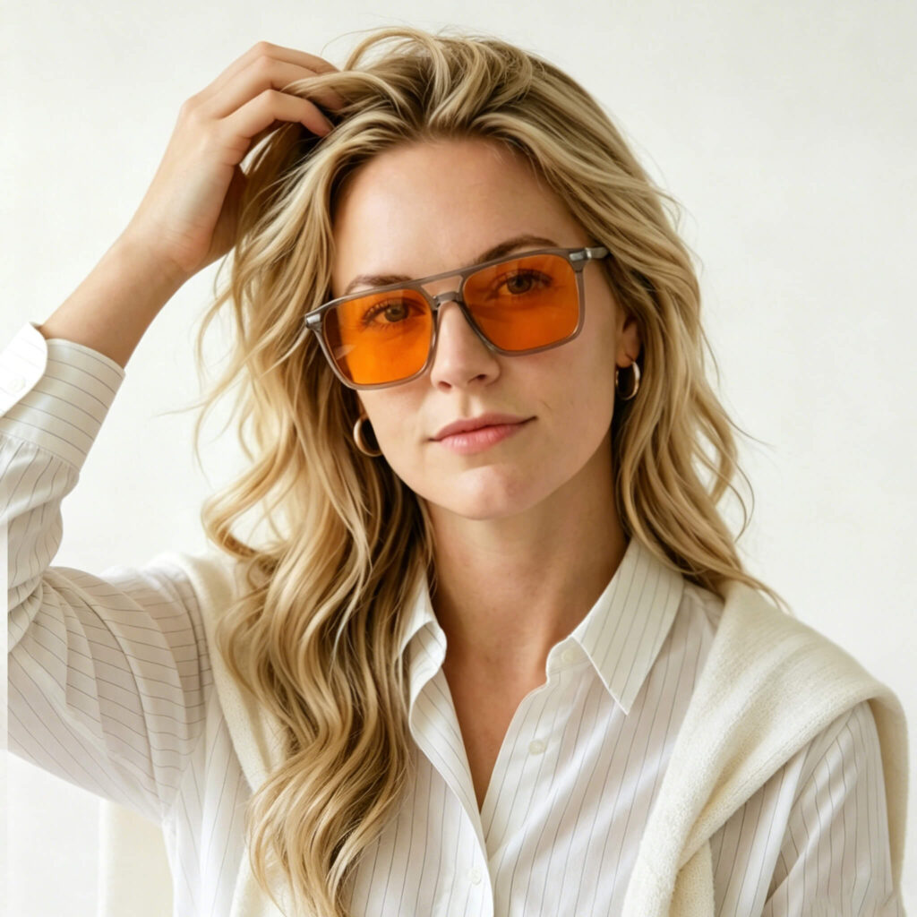 3091-Female model showcasing Gloojo Night Ease orange lenses for effective nighttime recovery and deep rest