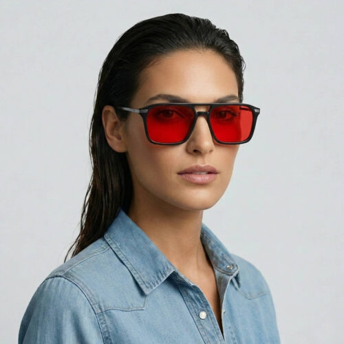 3091-Female model showcasing Gloojo Night Ease red-lens glasses in a bold double-bridge black frame for sleep optimization