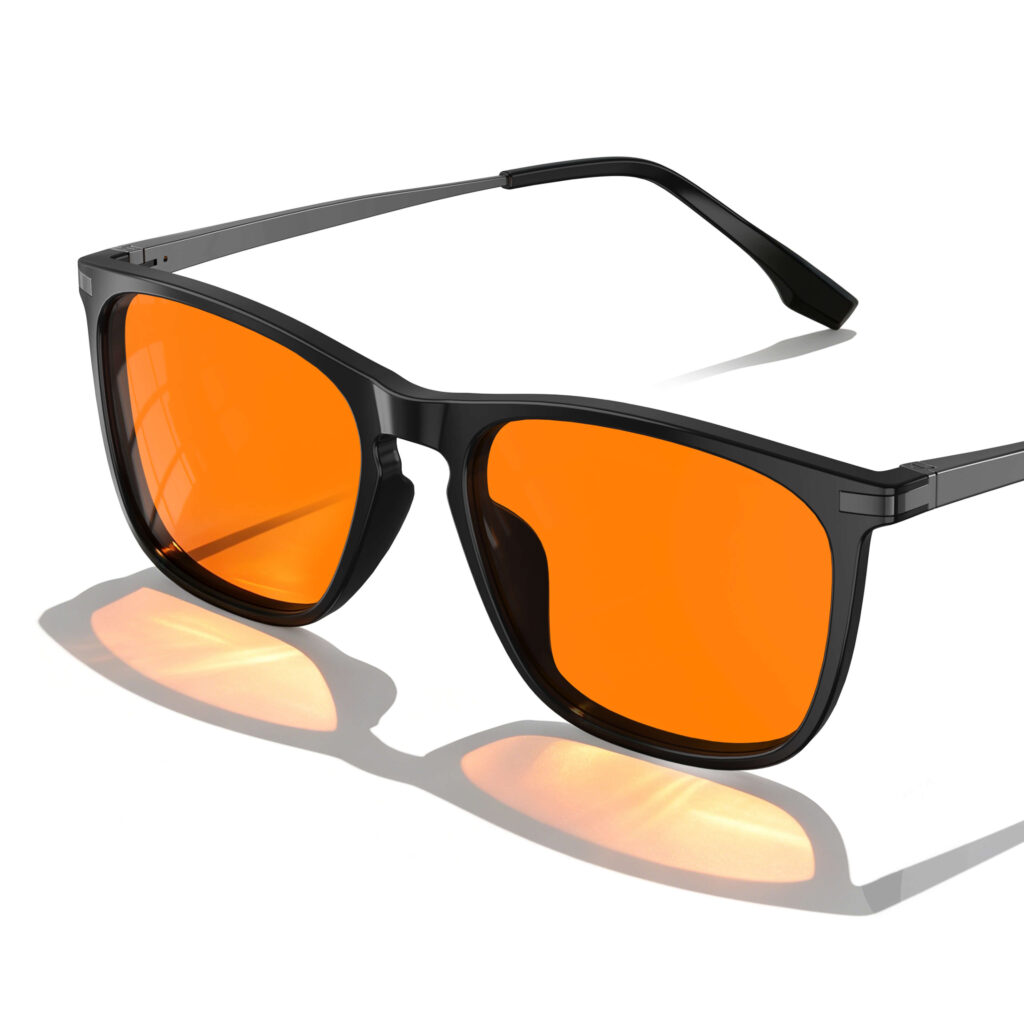 Gloojo Night Ease Sleep Glasses featuring orange tinted lenses and a minimalist square black frame
