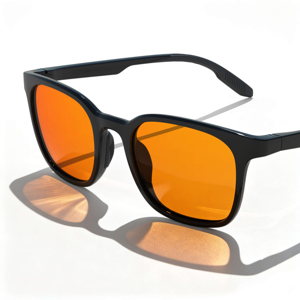 Gloojo Night Ease Sleep Glasses with orange tinted lenses and a classic square black frame