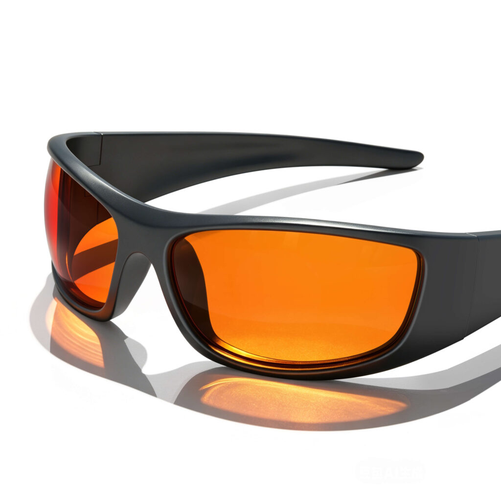 Gloojo Night Ease Sleep Glasses with orange tinted lenses and a sleek wrap-around aerodynamic black frame