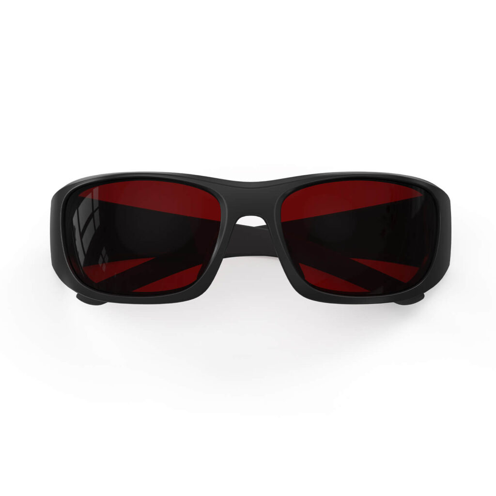 A Folded front view of Gloojo Night Ease Wrap Around Dark Red Lens Sleep Glasses-Black