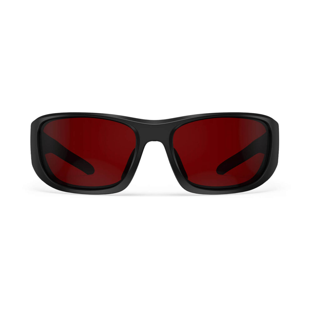 A Front view of Gloojo Night Ease Wrap Around Dark Red Lens Sleep Glasses-Black