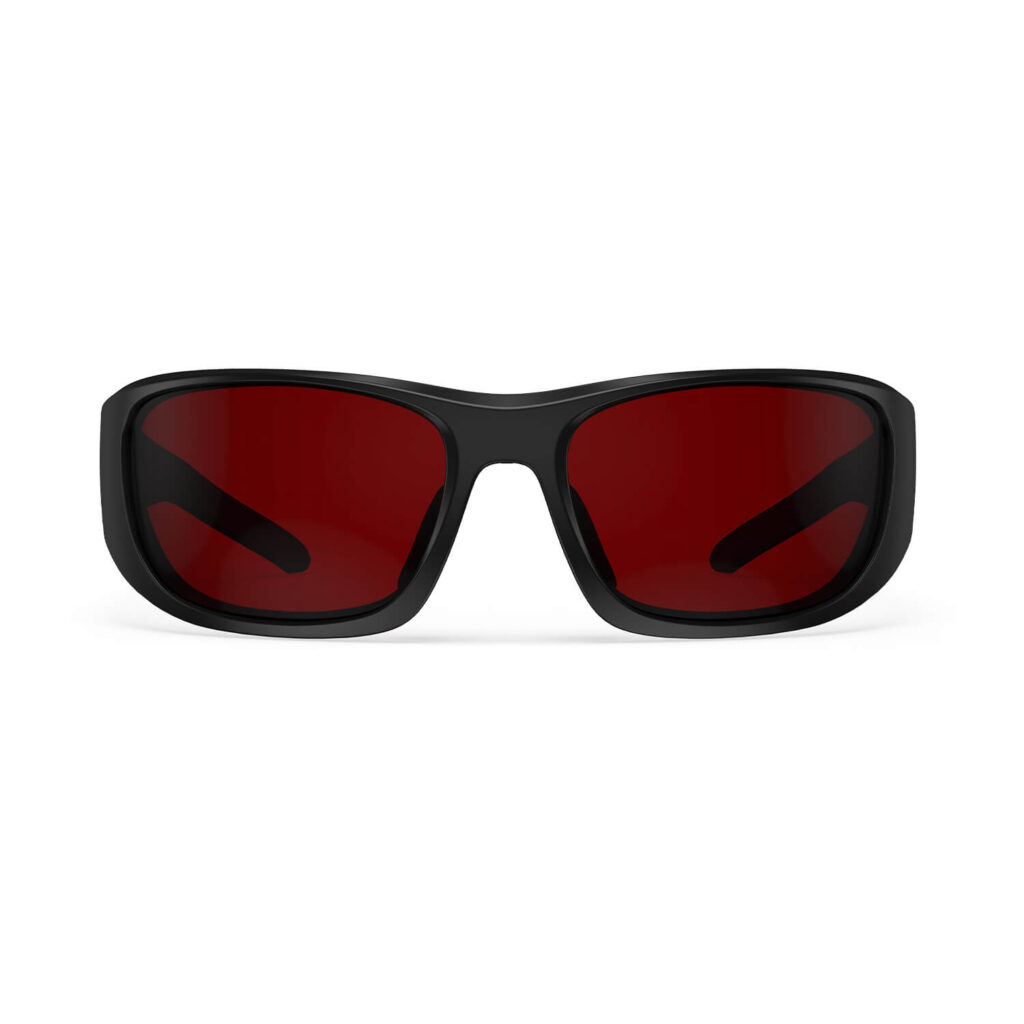 A Front view of Gloojo Night Ease Wrap Around Dark Red Lens Sleep Glasses-Black