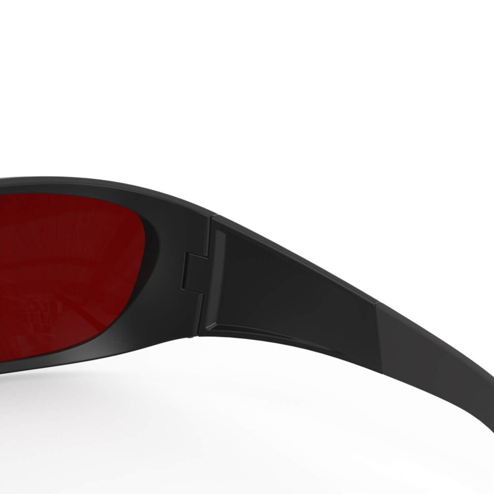 A Hinge closeup of Gloojo Night Ease Wrap Around Dark Red Lens Sleep Glasses-Black