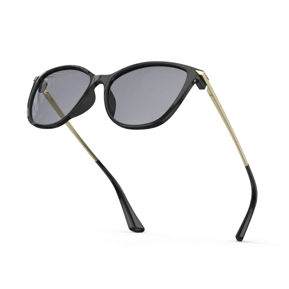 A Left side view of Gloojo Light Gray Tint Cat Eye Blue Light Glasses for Migraine - Black