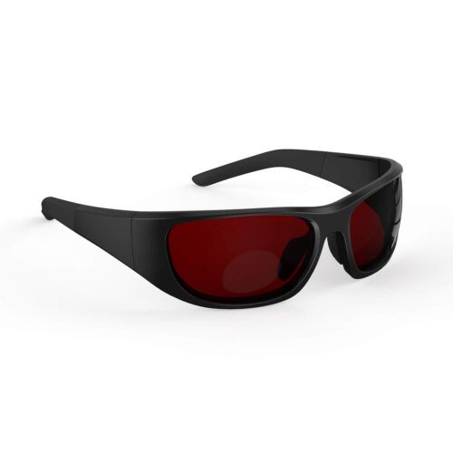 A Right side view of Gloojo Night Ease Wrap Around Dark Red Lens Sleep Glasses-Black