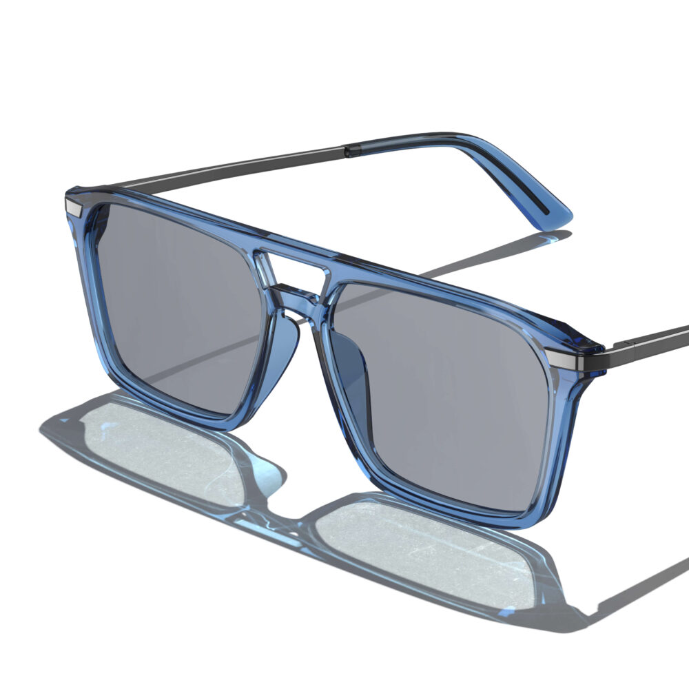 Gloojo Gray Relief Migraine Glasses with specialized gray lenses and a bold double-bridge aviator-style Denim frame