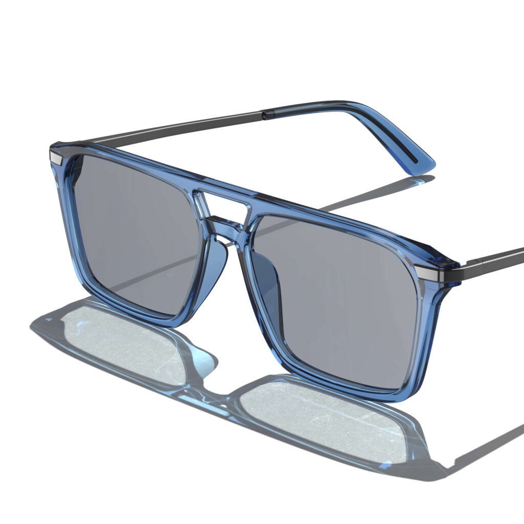 Gloojo Gray Relief Migraine Glasses with specialized gray lenses and a bold double-bridge aviator-style Denim frame