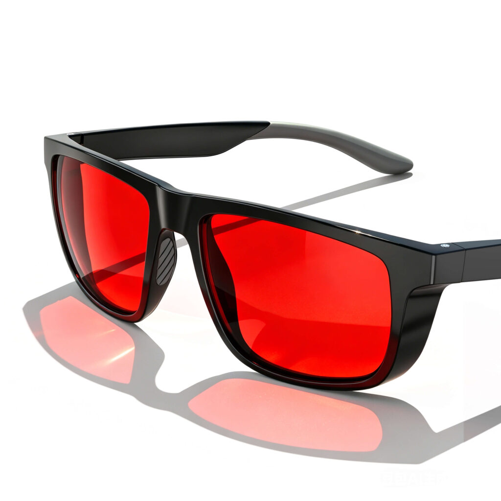 Gloojo Night Ease Sleep Glasses featuring red lenses and a durable rectangular black frame with grey temple tips