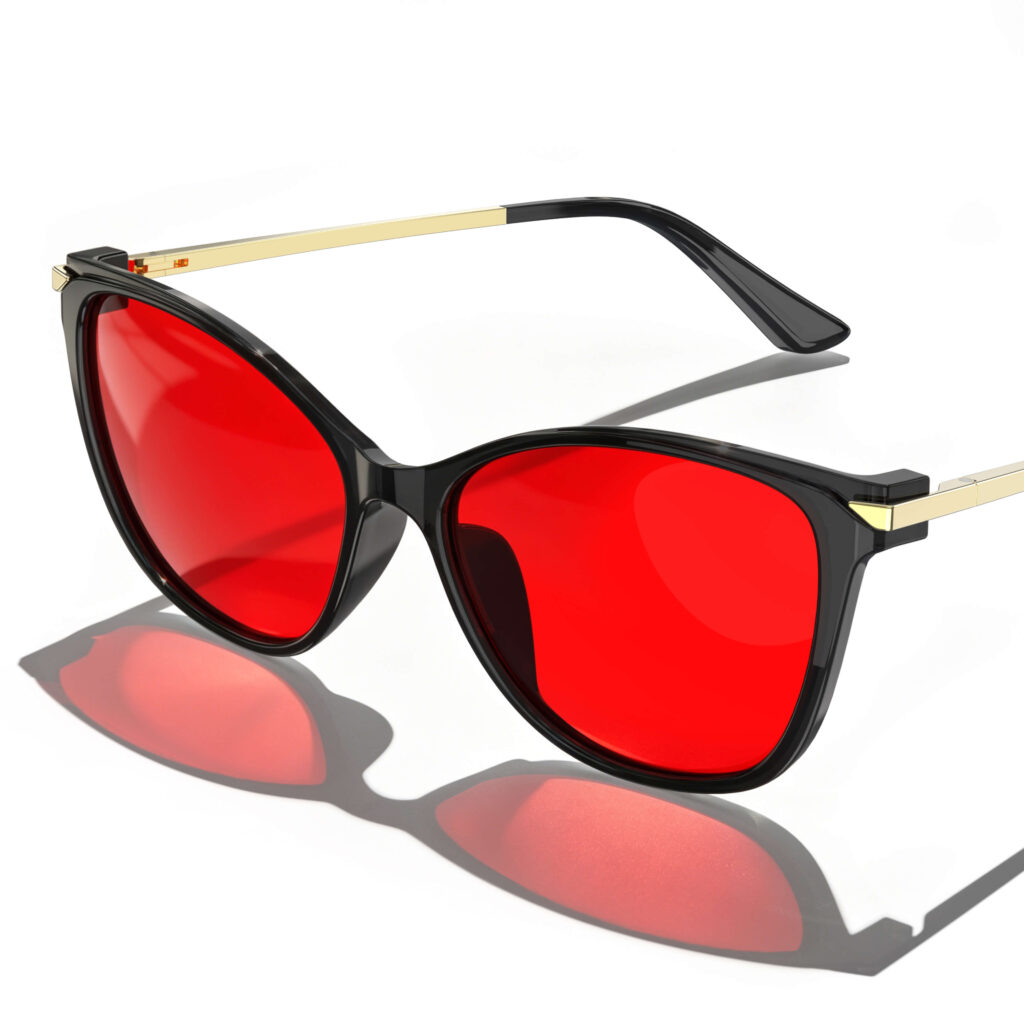 Gloojo Night Ease Sleep Glasses featuring red lenses and a stylish cat-eye black frame with gold accents