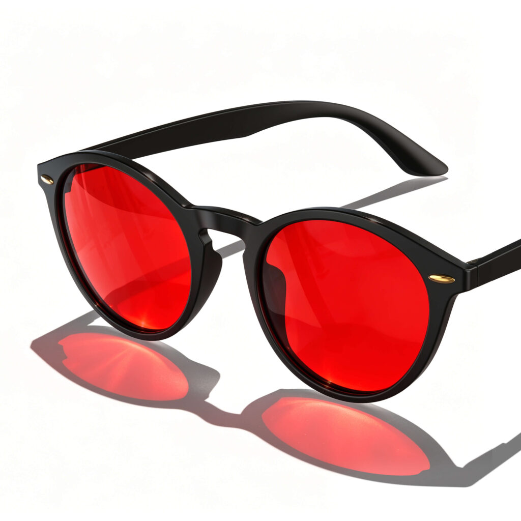 Gloojo Night Ease Sleep Glasses with red tinted lenses and a classic round black frame