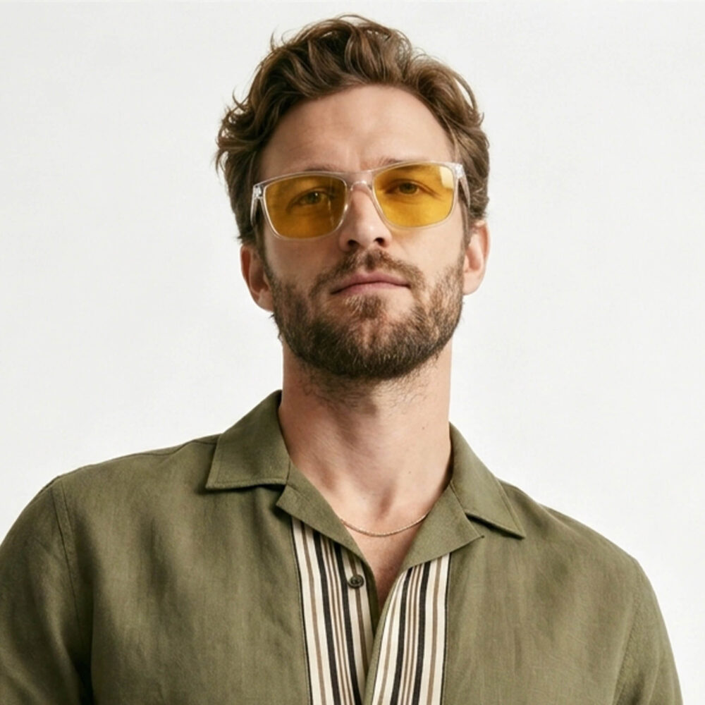 0168amber-Amber Shield Wayfarer Light Sensitivity Glasses – Clear