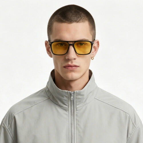 3091amber-Amber Shield Square Aviator Light Sensitivity Glasses – Black