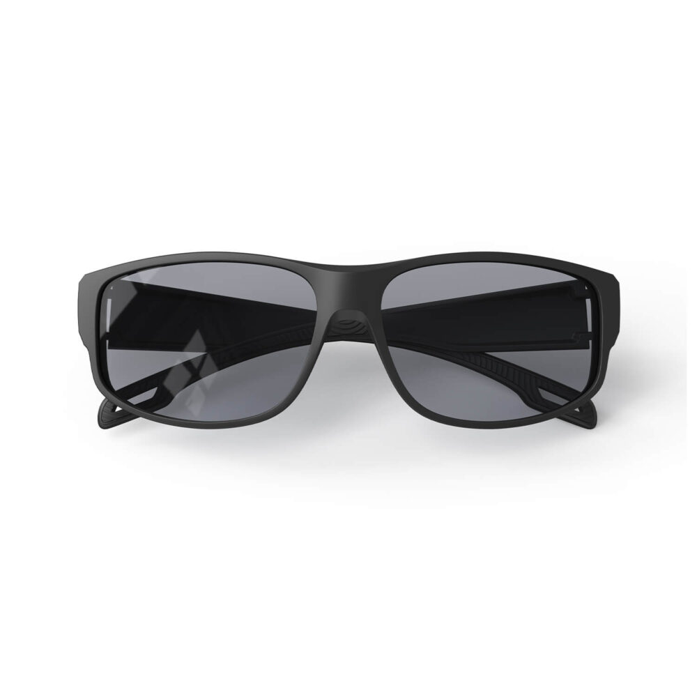 A Folded front view of Gloojo Gray Relief Rectangle Fitover Migraine Glasses – Black