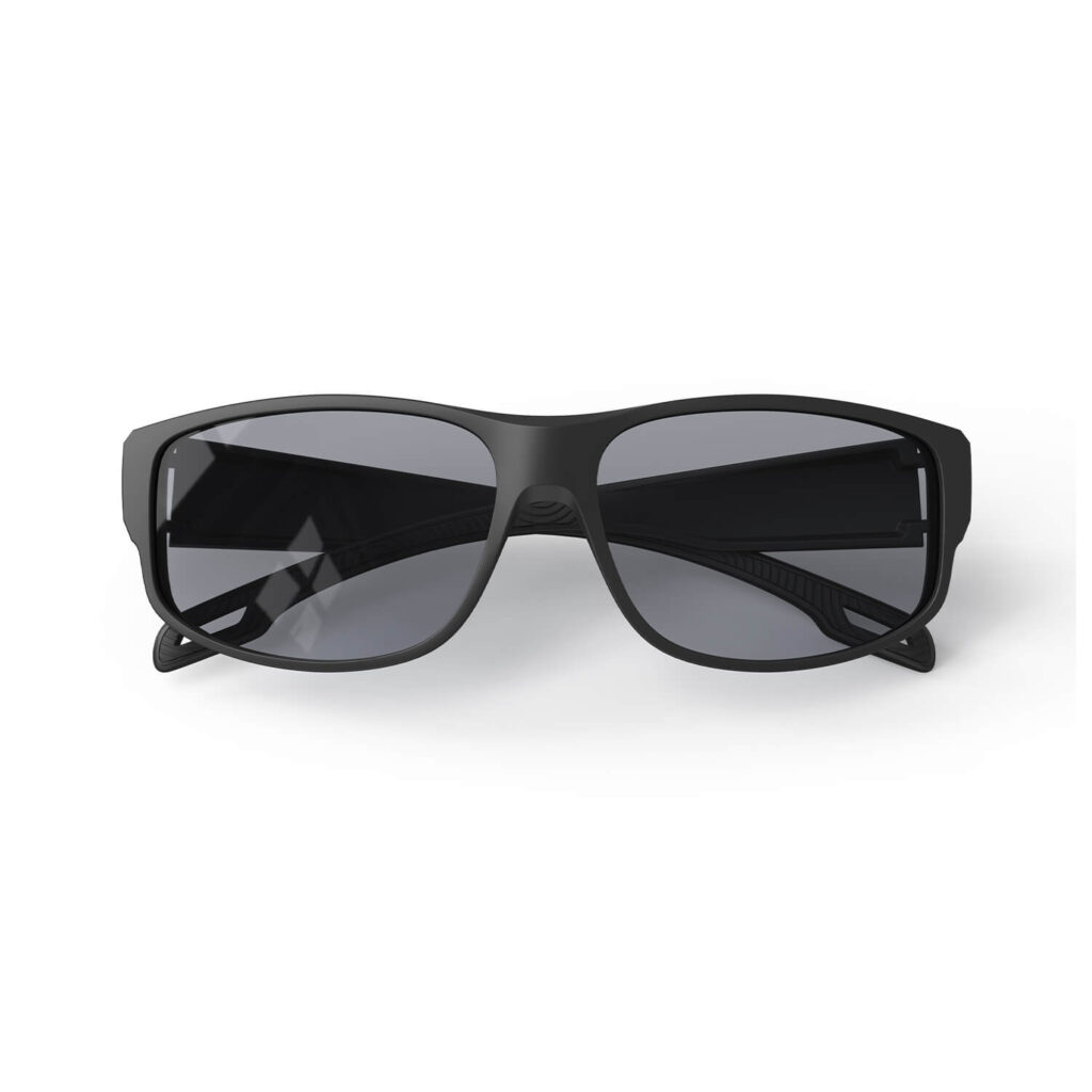 A Folded front view of Gloojo Gray Relief Rectangle Fitover Migraine Glasses – Black