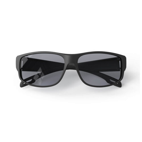 A Folded front view of Gloojo Gray Relief Rectangle Fitover Migraine Glasses – Black