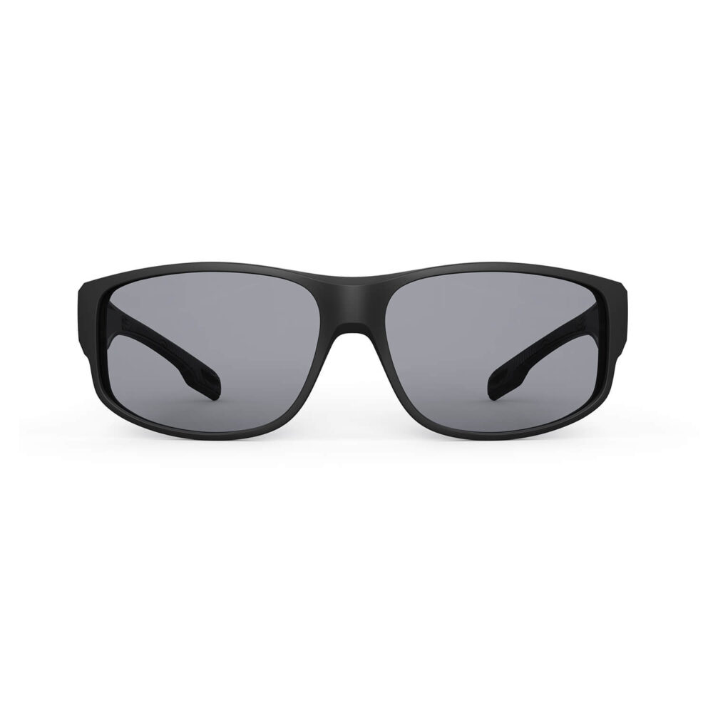 A Front view of Gloojo Gray Relief Rectangle Fitover Migraine Glasses – Black