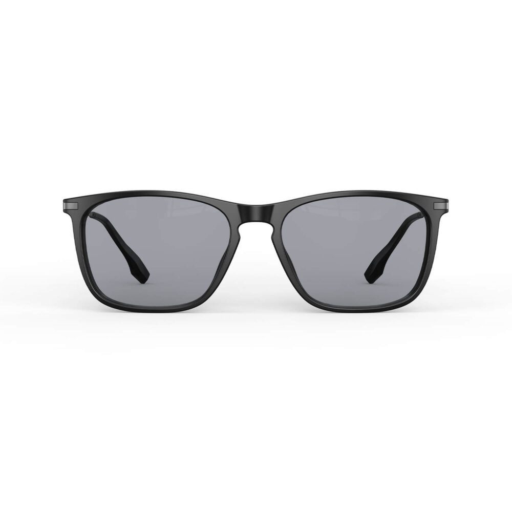 A Front view of Gloojo Light Gray Tint Rectangle Blue Light Glasses for Migraine - Black