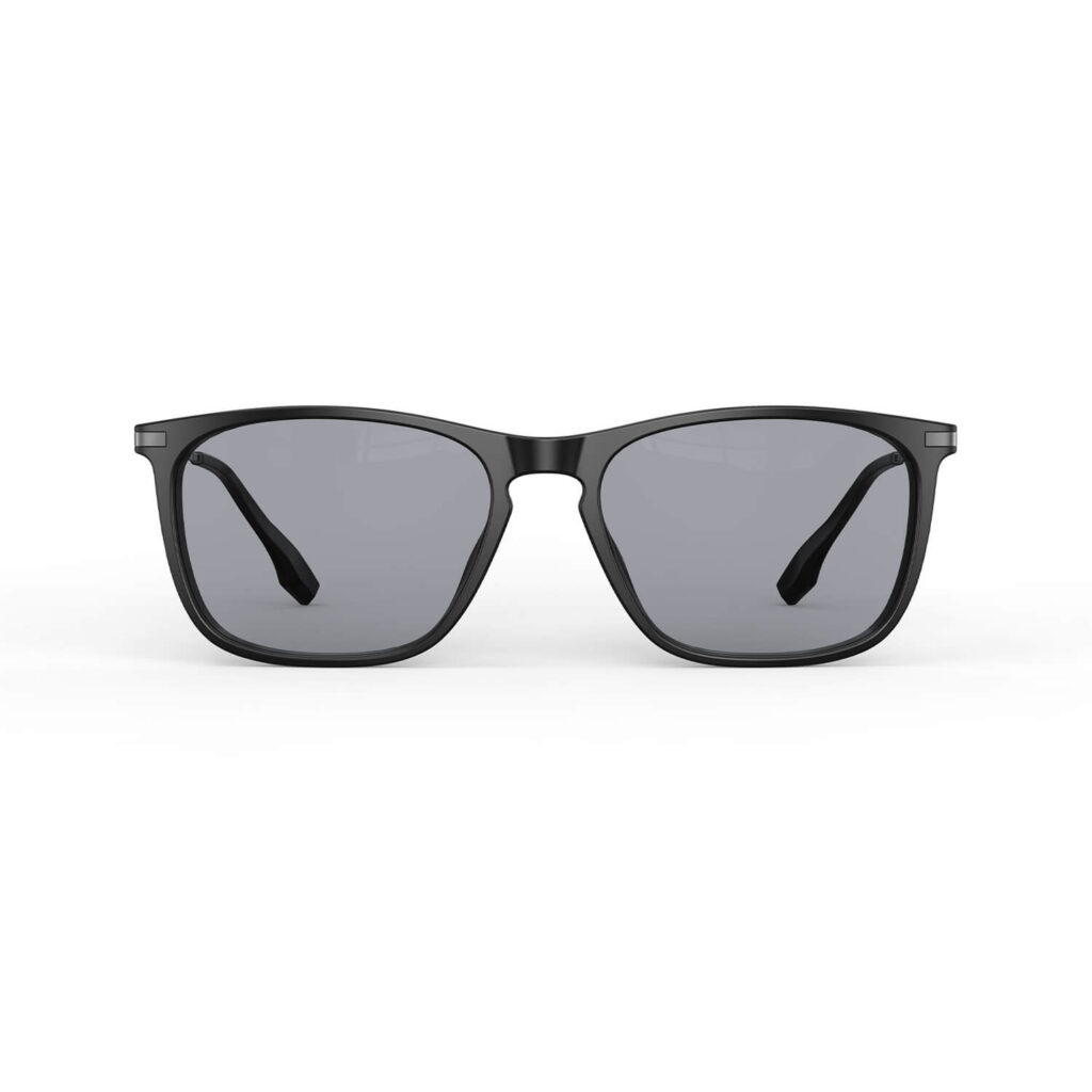 A Front view of Gloojo Light Gray Tint Rectangle Blue Light Glasses for Migraine - Black