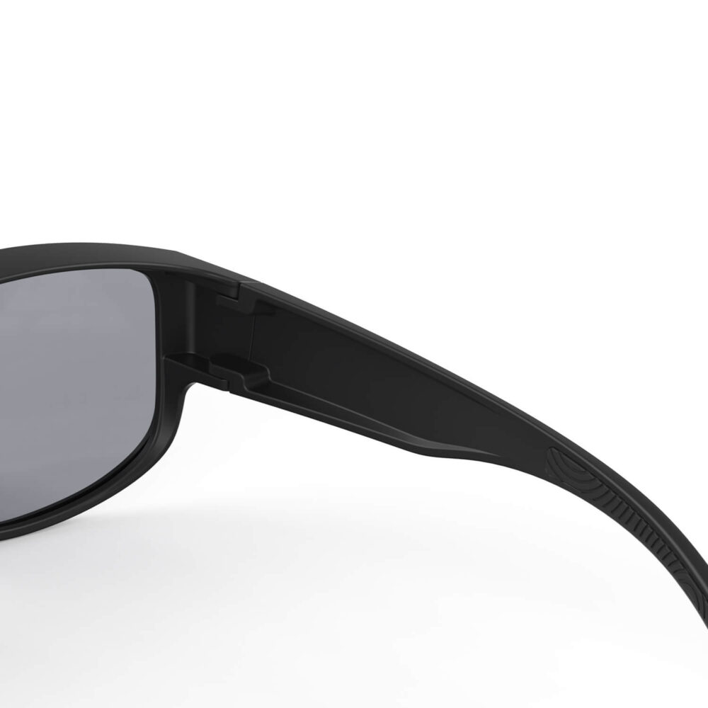 A Hinge closeup of Gloojo Gray Relief Rectangle Fitover Migraine Glasses – Black