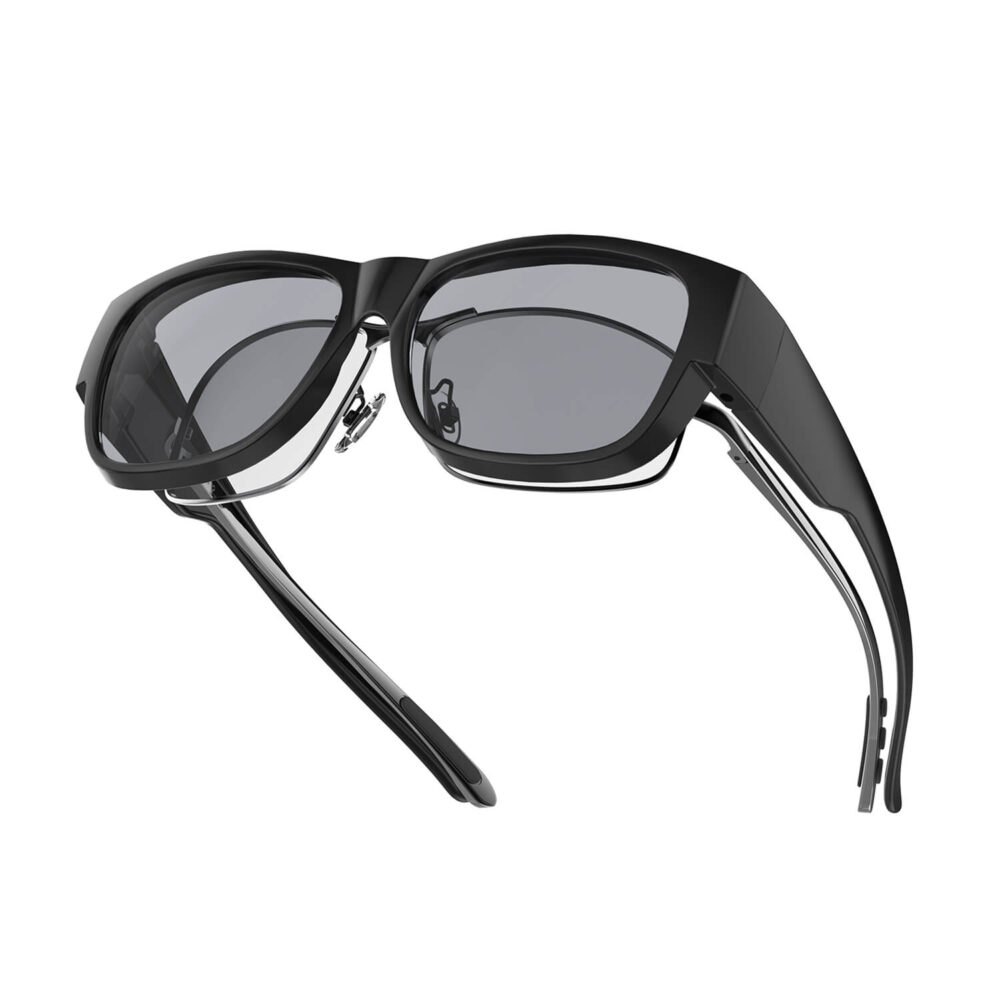 A Left side view of Gloojo Gloojo Gray Relief Square Fitover Migraine Glasses - Black