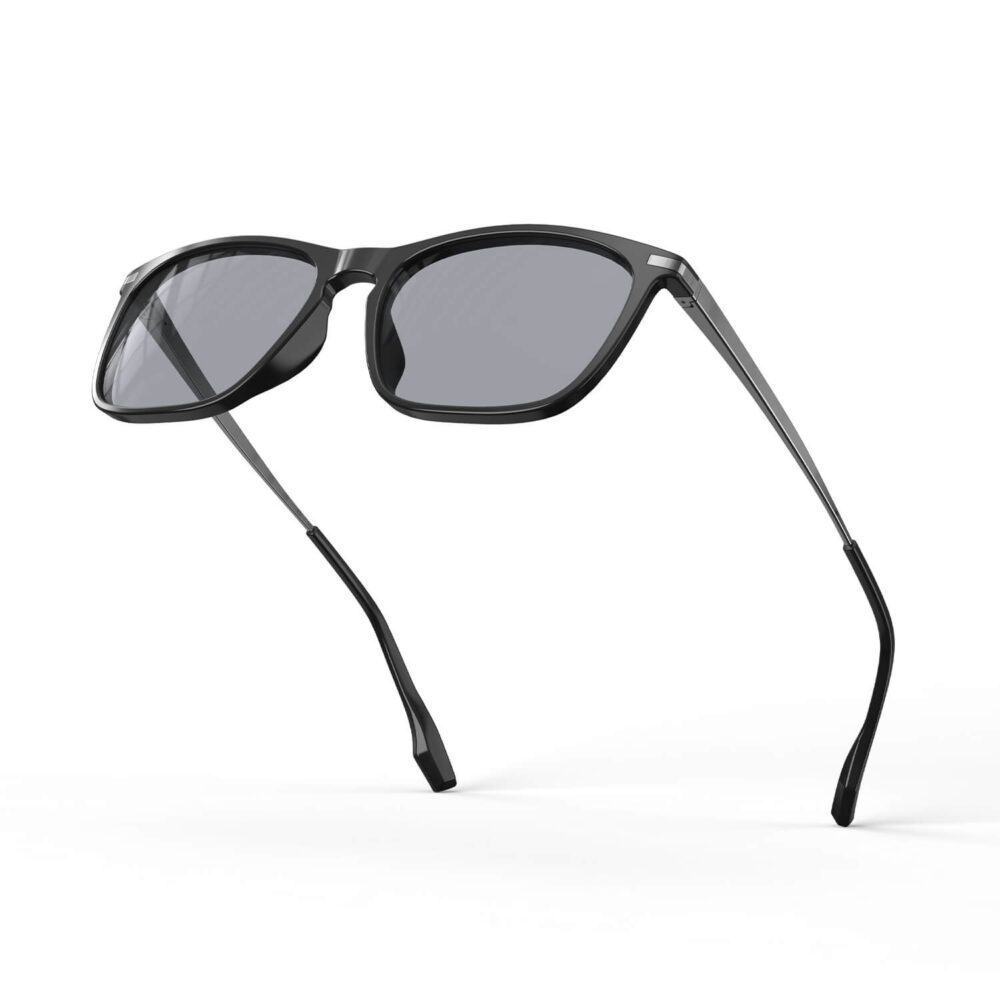 A Left side view of Gloojo Light Gray Tint Rectangle Blue Light Glasses for Migraine - Black