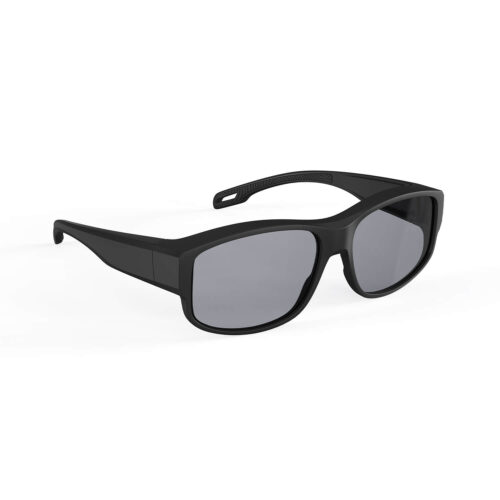 A Right side view of Gloojo Gray Relief Rectangle Fitover Migraine Glasses – Black