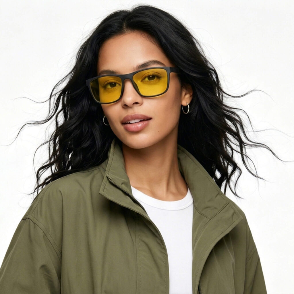 Female Model wearing Sun Boost Wayfarer Yellow Screen Glasses - Black