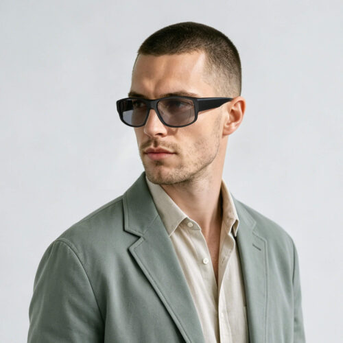 Male Model wearing Gray Relief Rectangle Fitover Migraine Glasses – Slim Fit-1