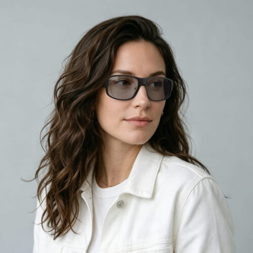 Female wearing Gray Relief Rectangle Fitover Migraine Glasses – Slim Fit-2