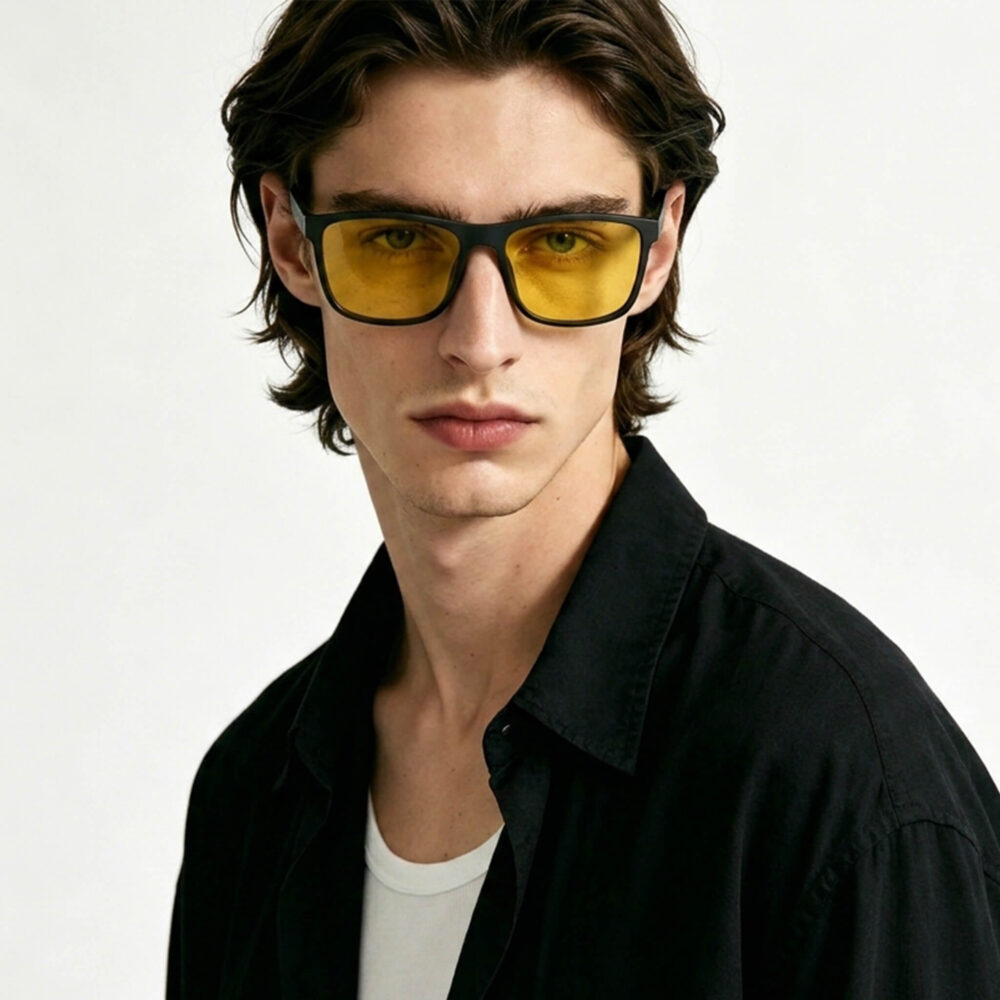 Male Model wearing Sun Boost Wayfarer Yellow Screen Glasses - Black Sun Boost Wayfarer Yellow Screen Glasses - Black