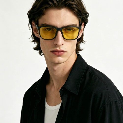 Male Model wearing Sun Boost Wayfarer Yellow Screen Glasses - Black Sun Boost Wayfarer Yellow Screen Glasses - Black