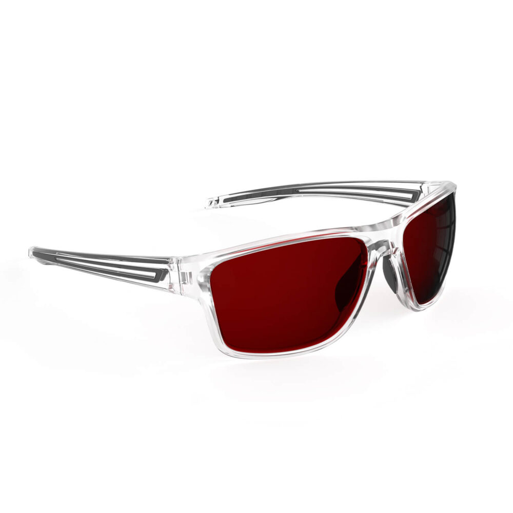 A Right side view of Gloojo Night Ease™ Wrap Around Dark Red Lens Sleep Glasses – Gray