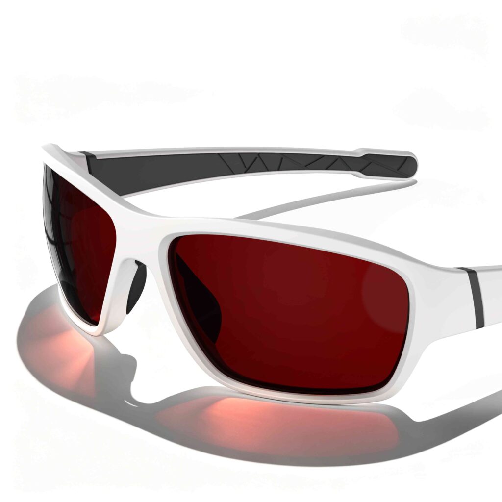 Gloojo Night Ease Dark Red Wraparound Sleep Glasses with white sporty frame for stronger coverage before bed