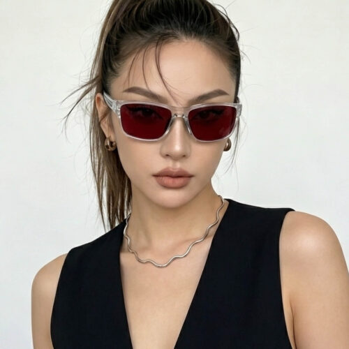 night-ease-wrap-around-dark-red-sleep-glasses-clear-female-model night-ease-wrap-around-dark-red-sleep-glasses-clear-female-model